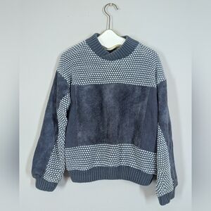 Vintage 90s Suede Panel Sweater Textured Knit Lined Pullover Medium